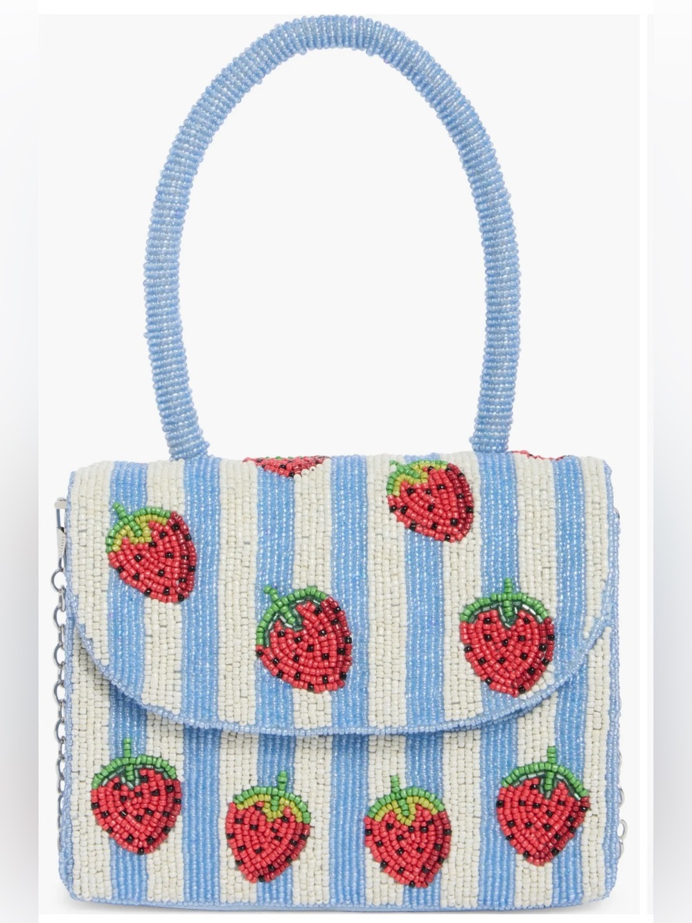 Beaded Strawberry Stripe Top-Handle Bag - Blue & White